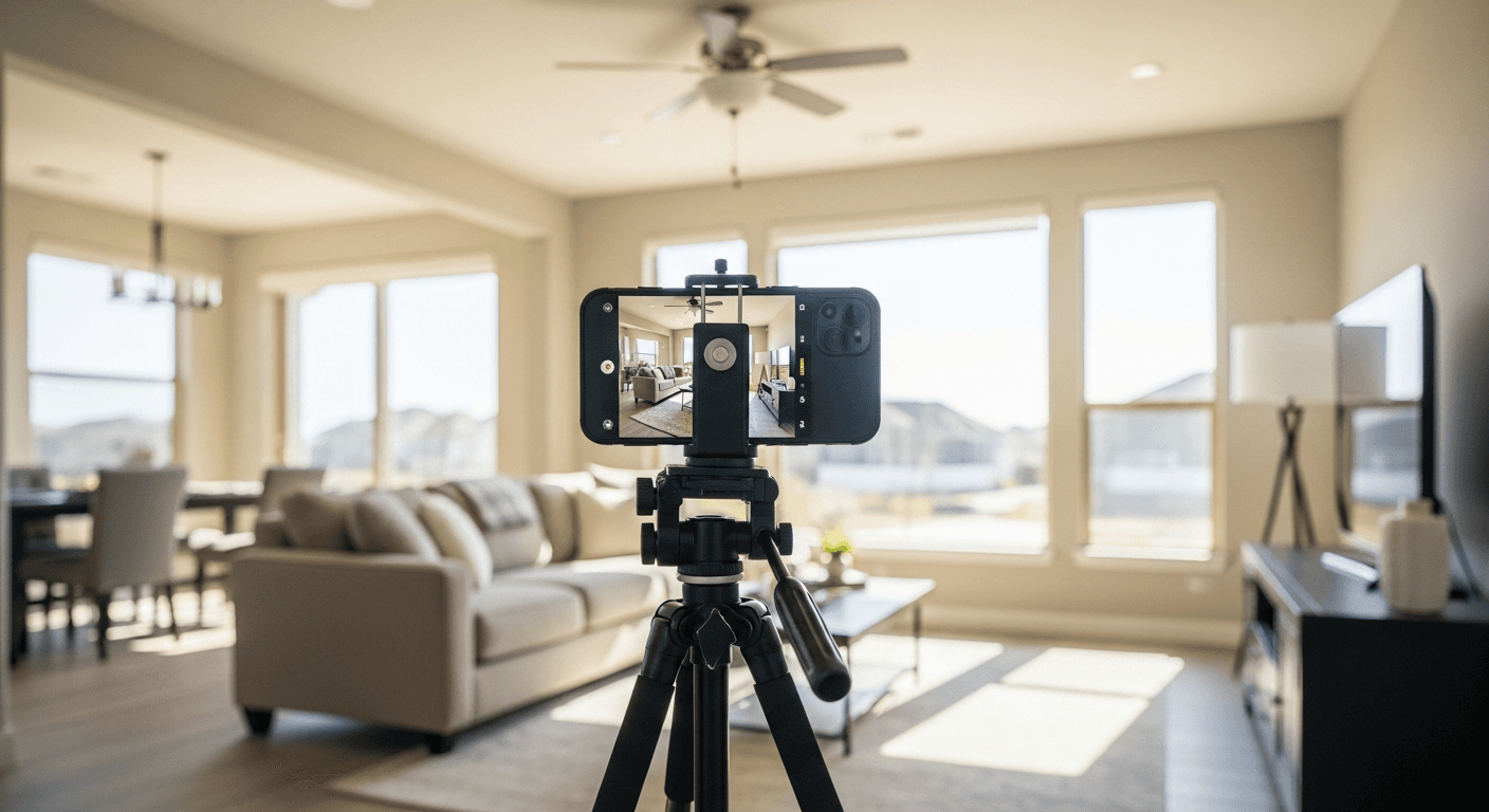 Smartfon wykonujący profesjonalne zdjęcie nieruchomości z optymalnym oświetleniem i kątami