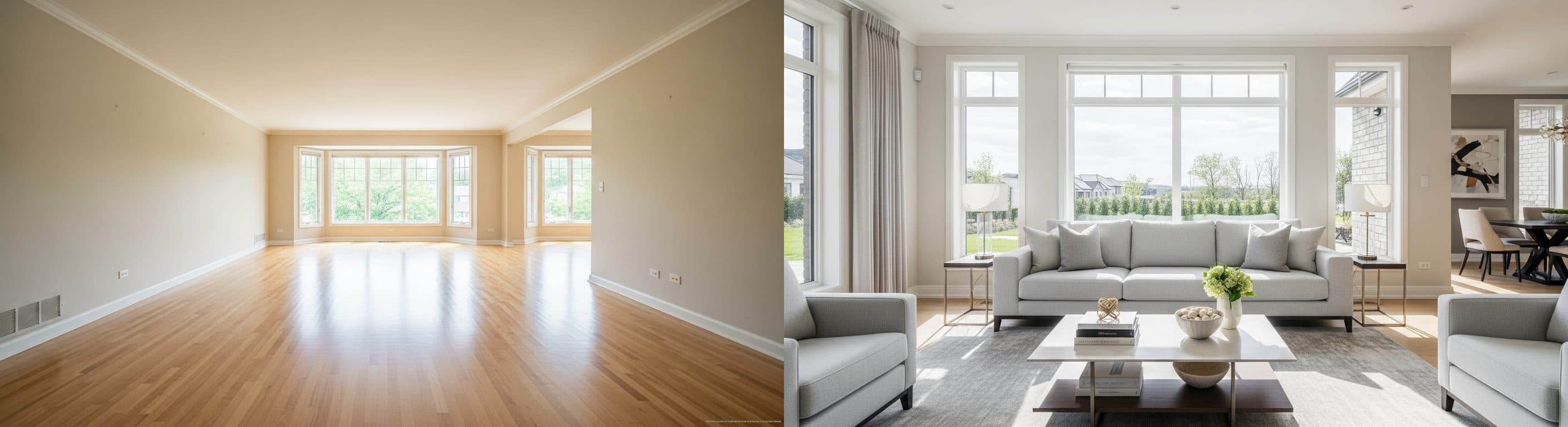 Wohnzimmer: vor vs. nach virtuellem Staging