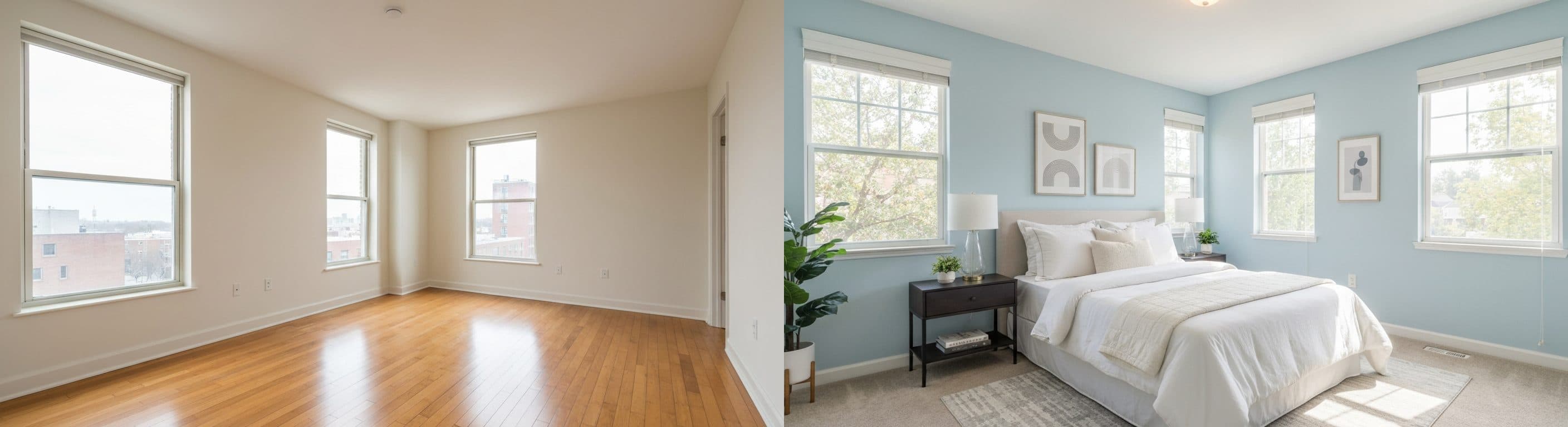 Schlafzimmer: vor vs. nach virtuellem Staging