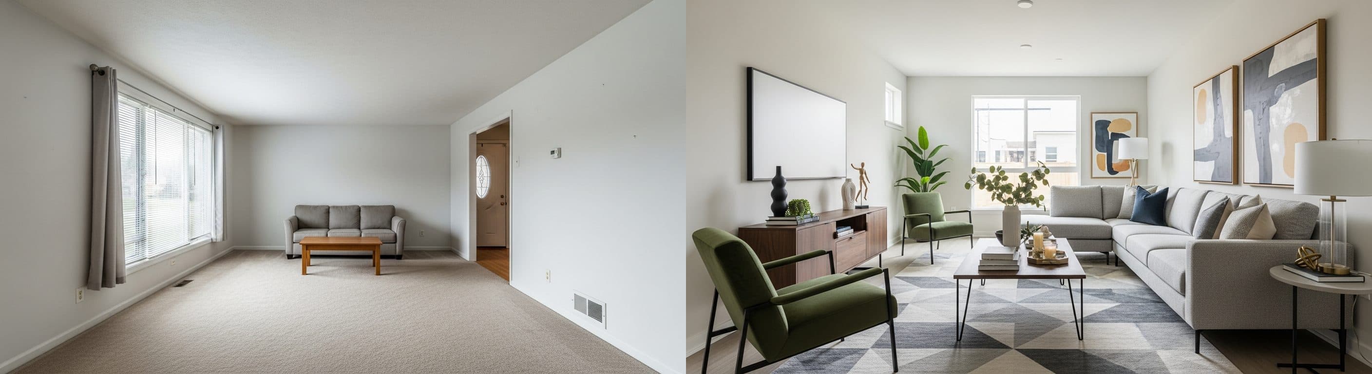 Wohnzimmer: Vorher vs. nach virtuellem Staging