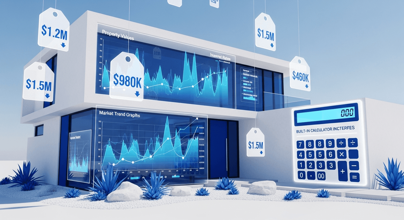 Illustration eines Hauses mit Preisschildern und Marktdiagrammen, die die Immobilien-Preisstrategie darstellen