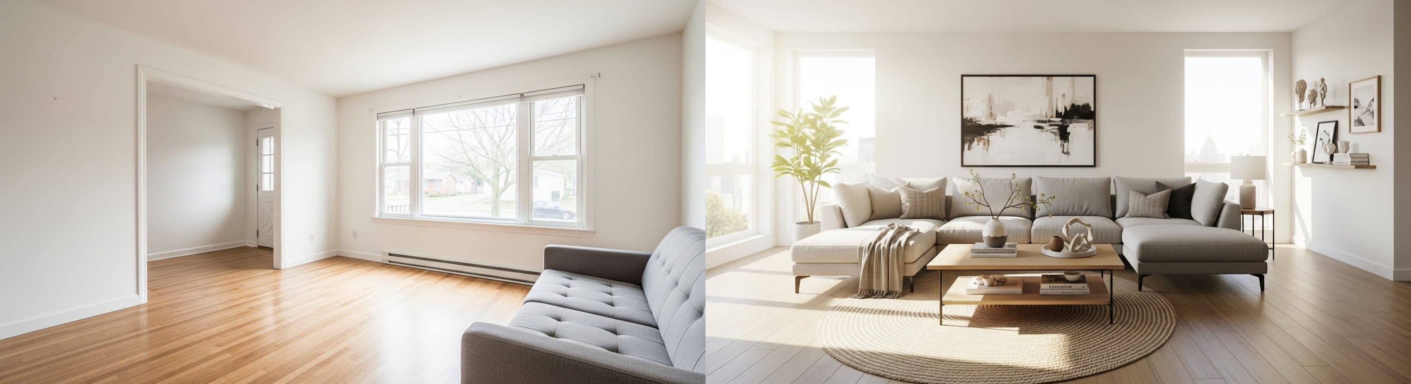 Obývací pokoj: před a po virtuálním stagingu