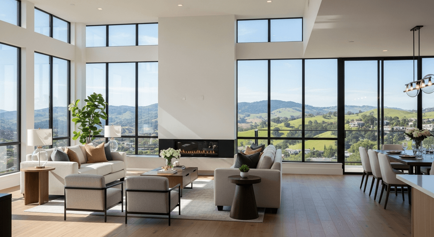 Světlý, moderní obývací pokoj s panoramatickými okny s výhledem na město, virtuálně dokonale nastagingovaný