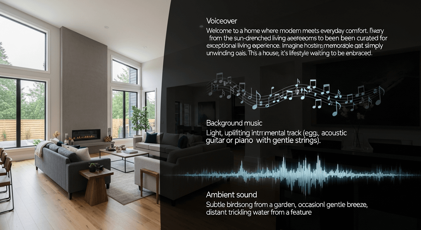 Usporedba glasovne naracije, glazbe i izvornog zvuka u video turi nekretnine