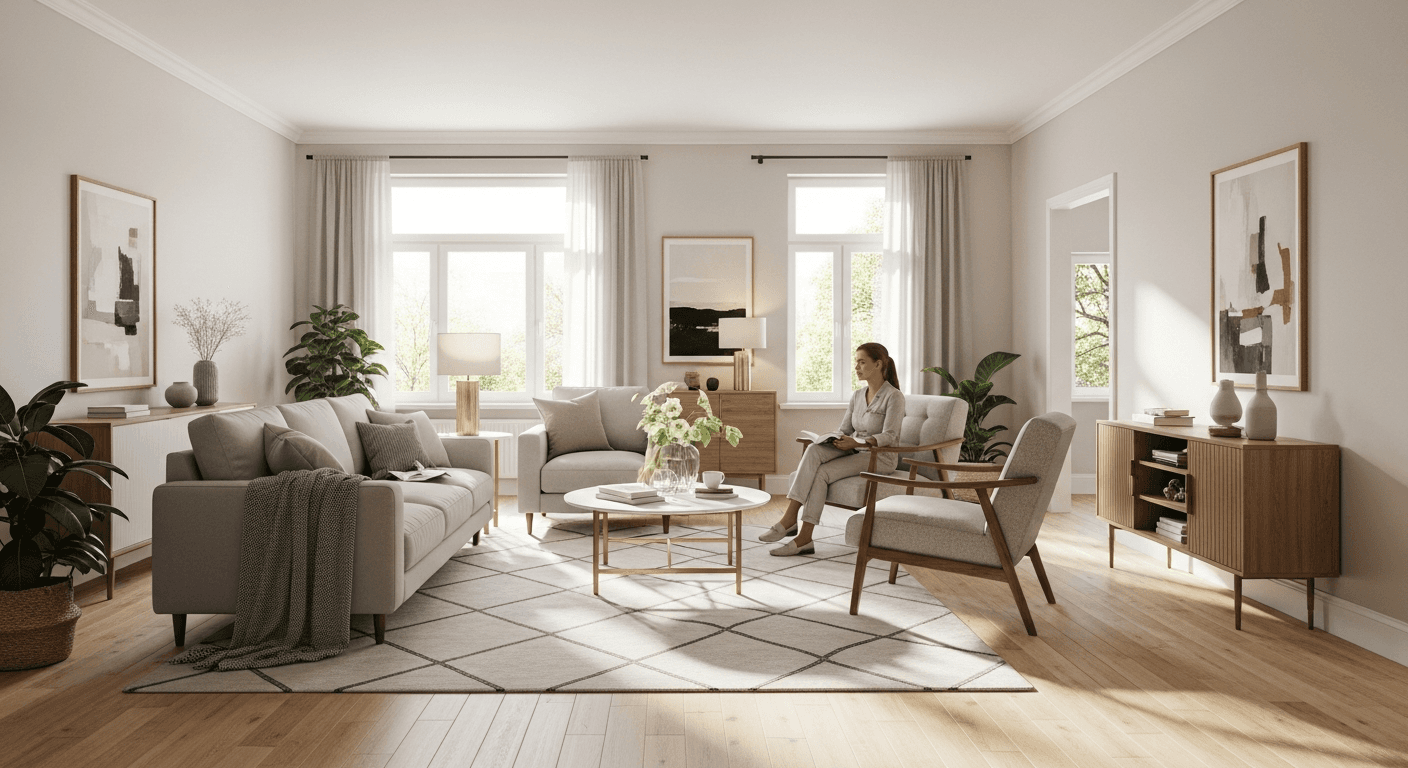 Salon confortable et ensoleillé avec un mobilier moderne, évoquant une atmosphère chaleureuse et accueillante