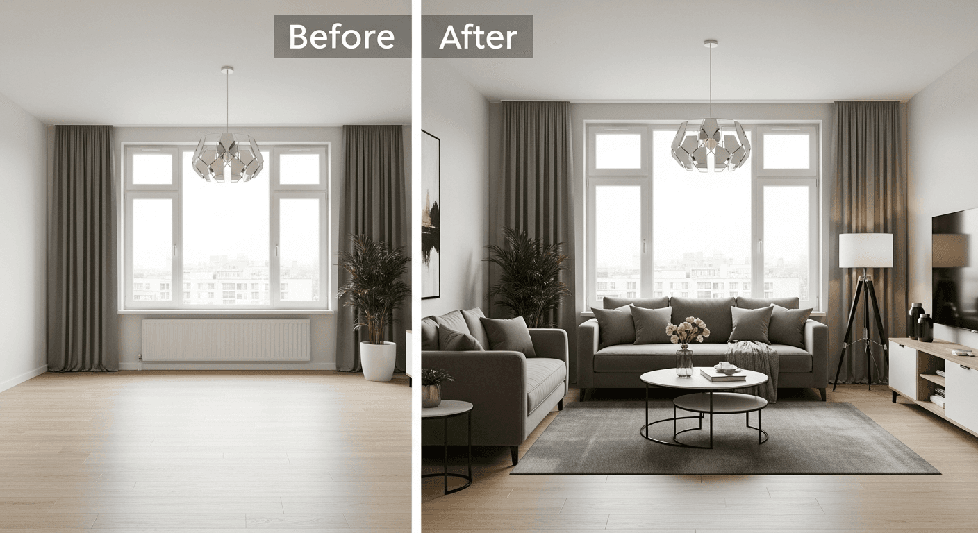 Salon : avant vs après la mise en scène virtuelle