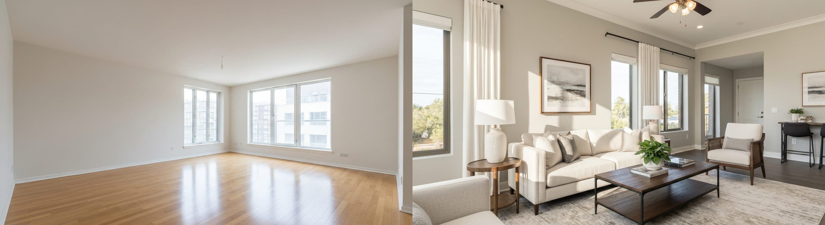 Obývačka: pred vs po virtuálnom stagingu