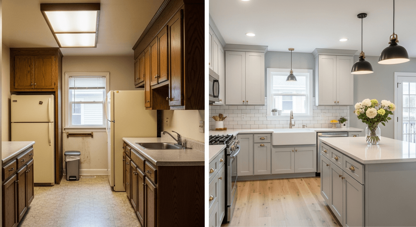 Obrázok pred a po renovácii kuchyne ukazujúci vylepšenia s vysokou návratnosťou investícií