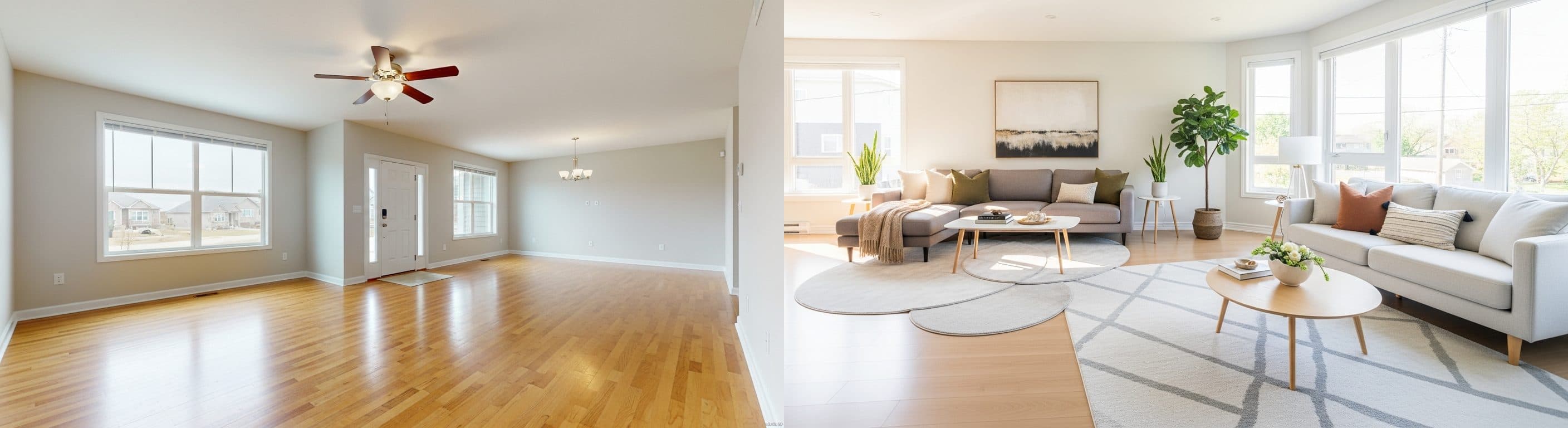 Wohnzimmer: vor vs. nach virtuellem Staging
