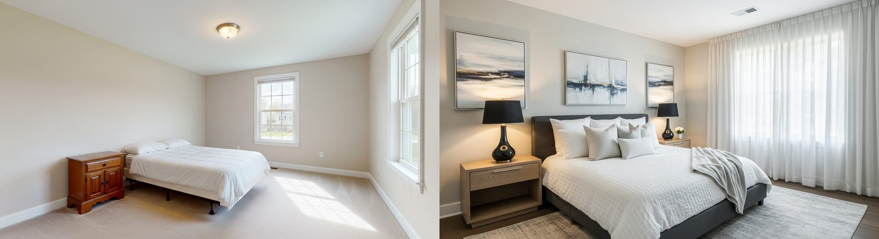 Schlafzimmer: vor vs. nach virtuellem Staging