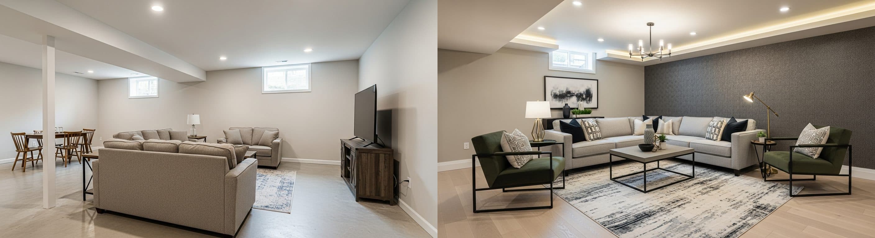 Keller-Wohnzimmer: vor vs. nach virtuellem Staging