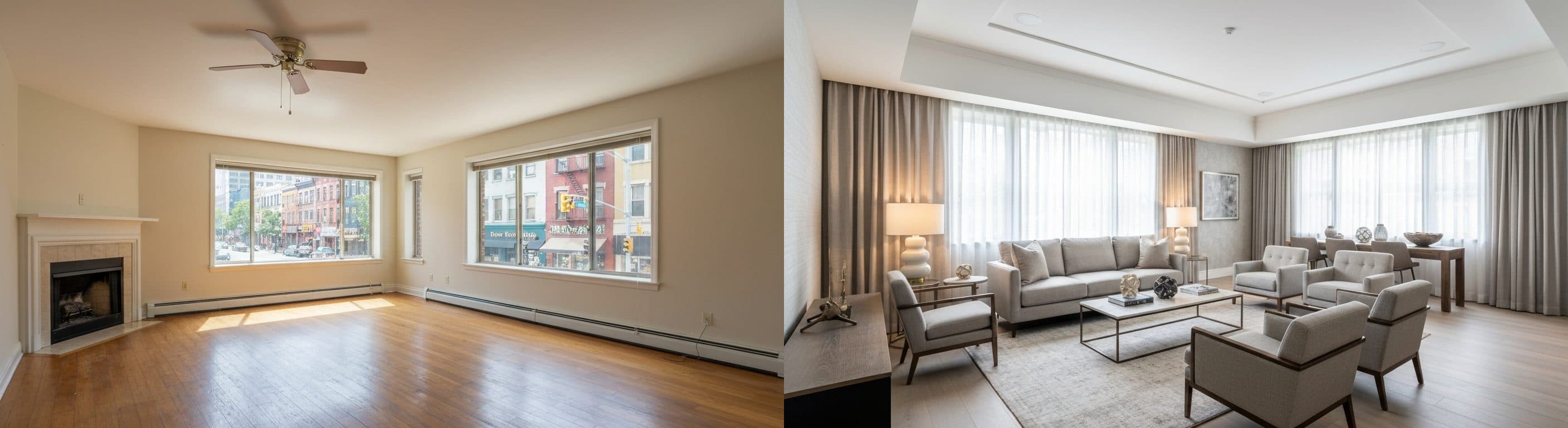 Wohnzimmer an der Straße: vor vs. nach virtuellem Staging