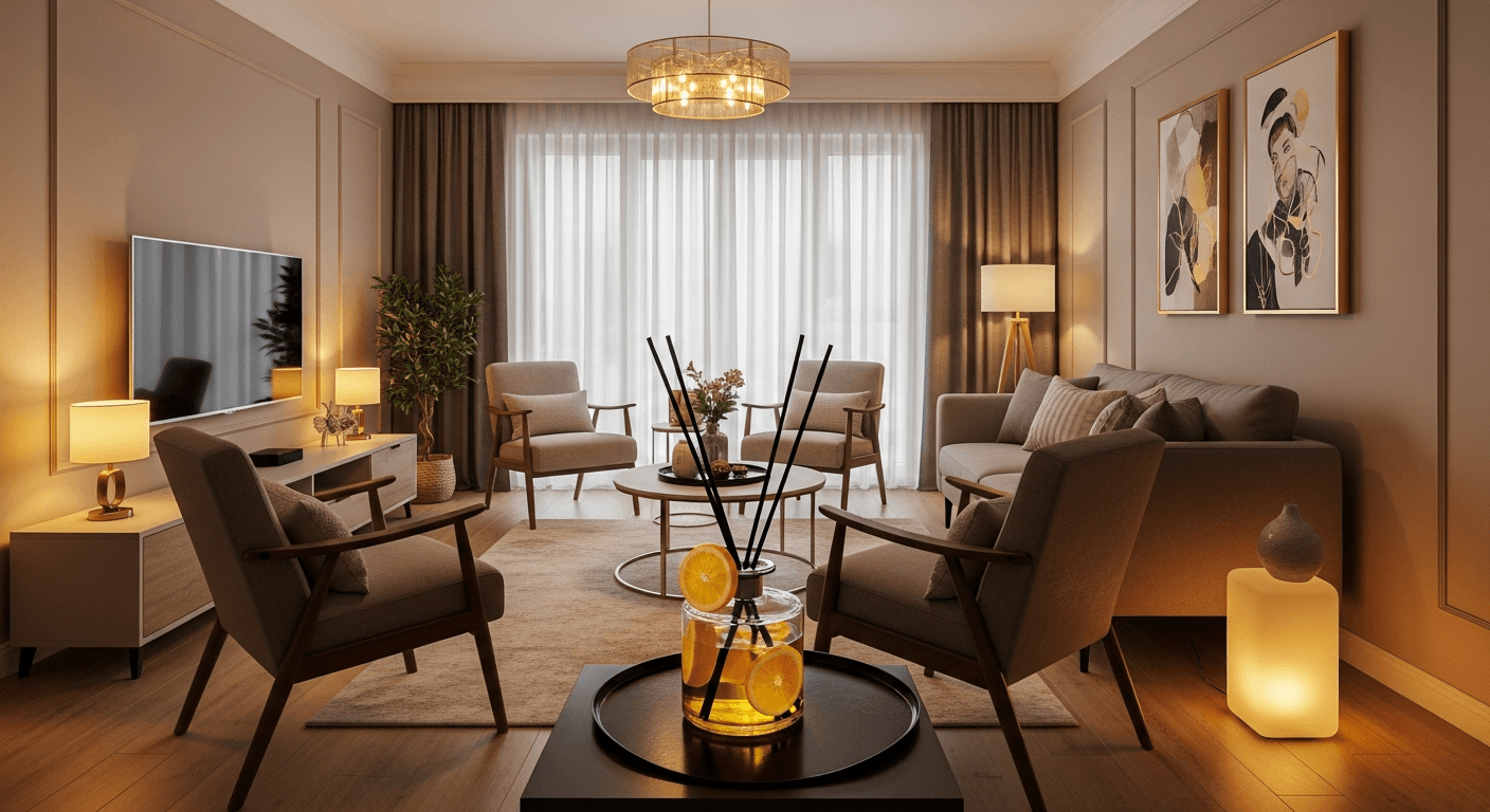 Gemütliches Wohnzimmer mit sanfter Beleuchtung, dezenten Düften und stimmungsvoller Musik für Home Staging