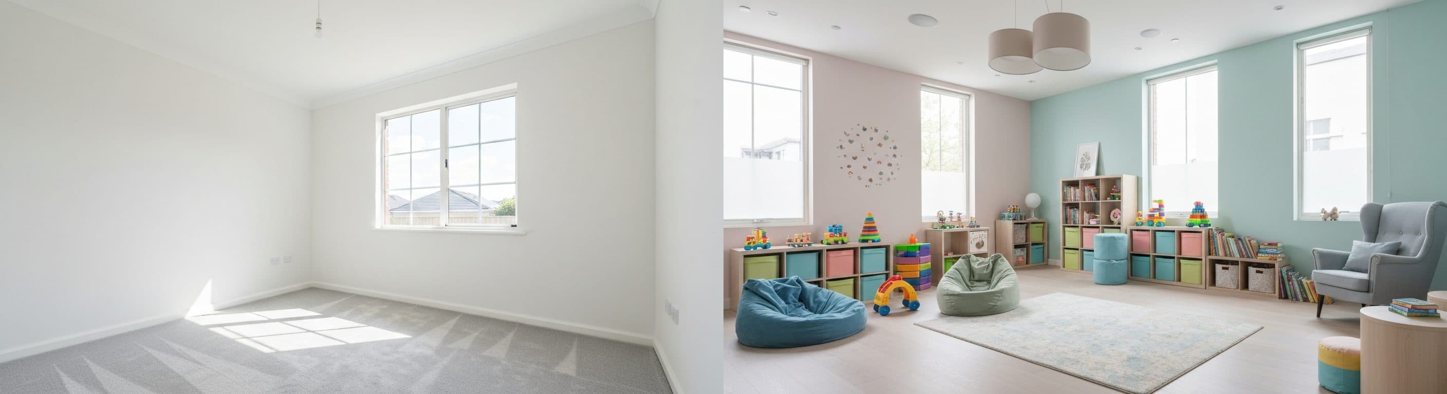 Kinderspielzimmer: Vorher vs. Nachher virtuelles Staging
