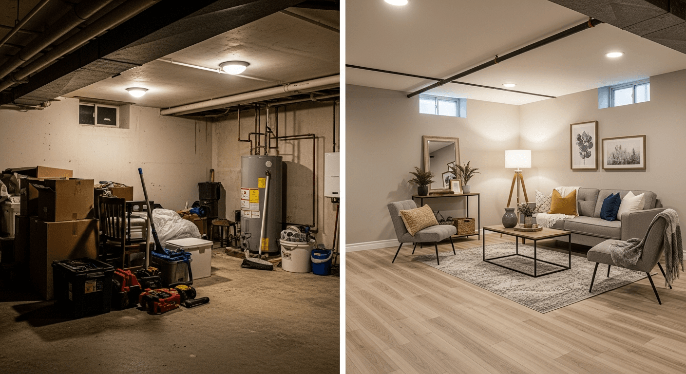 Image avant et après d'une pièce peu photogénique transformée par le home staging virtuel