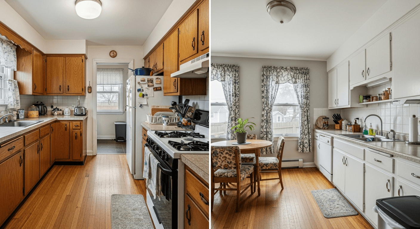 Avant et après home staging d'une cuisine peu photogénique, montrant la transformation d'un espace encombré en un espace accueillant