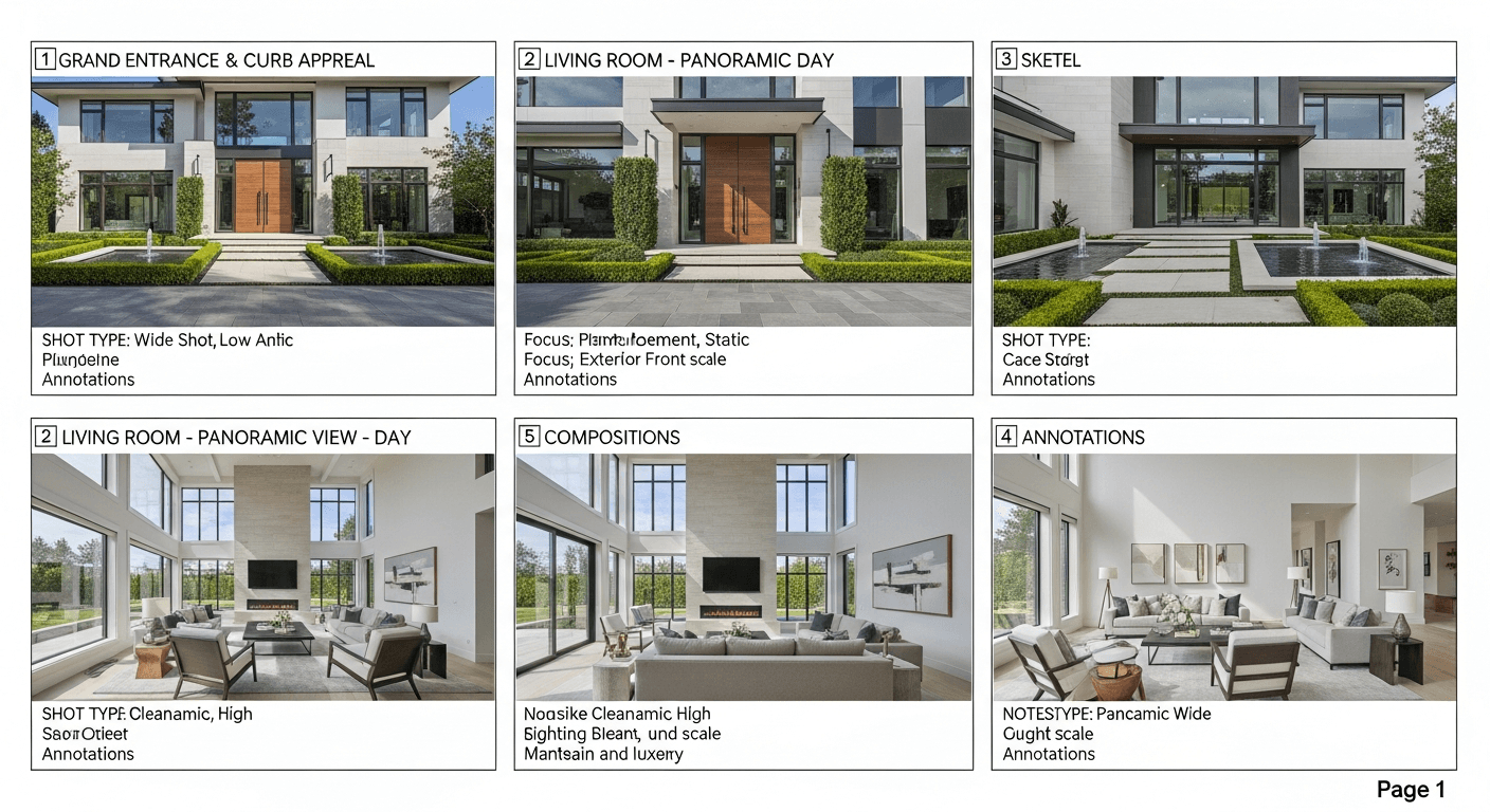 Um esboço detalhado de storyboard para um vídeo de imóvel de luxo, apresentando tomadas ao nível do chão do interior e exterior de uma casa de alto padrão