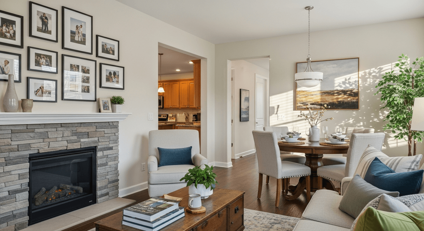Ein gemütliches Wohnzimmer, das für Familienfeiern inszeniert wurde und Storytelling im Immobilienverkauf veranschaulicht