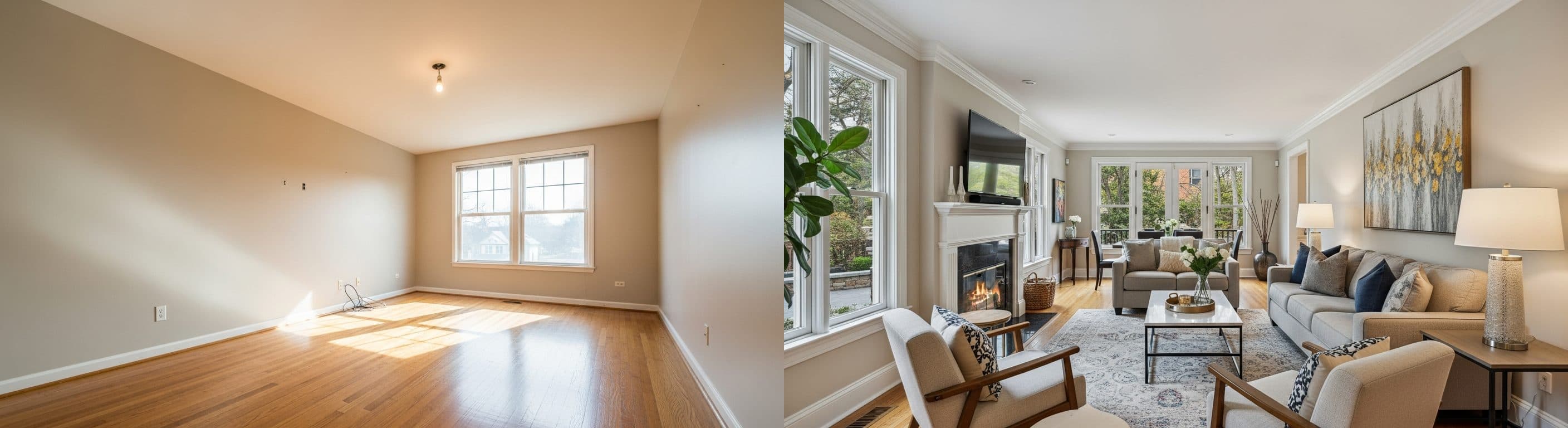 Wohnzimmer: Vorher vs. Nachher virtuelles Staging