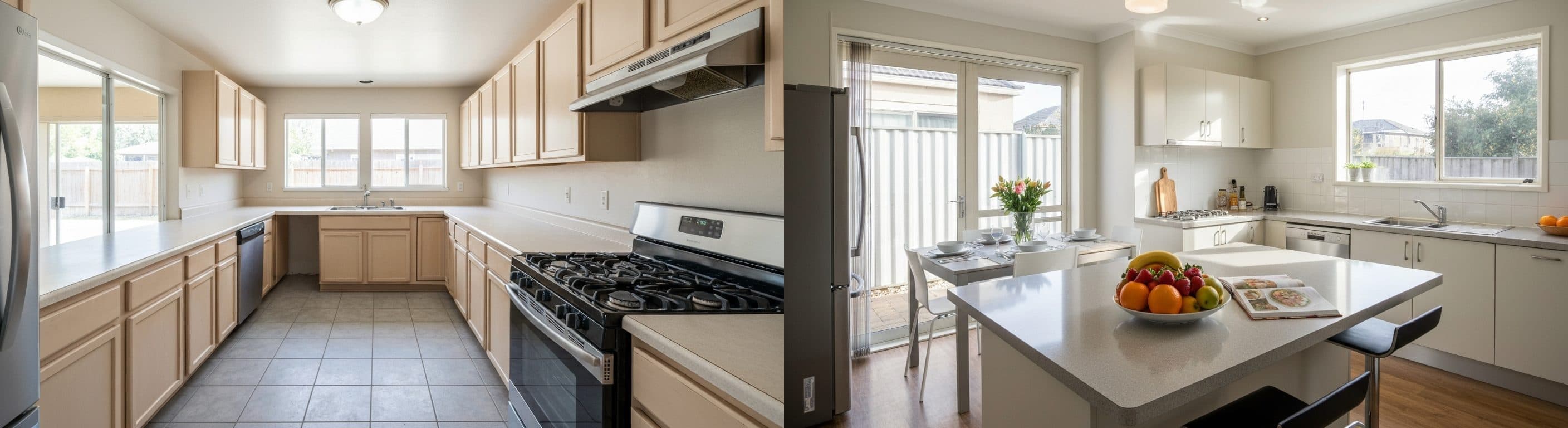 Küche: vor vs. nach virtuellem Staging