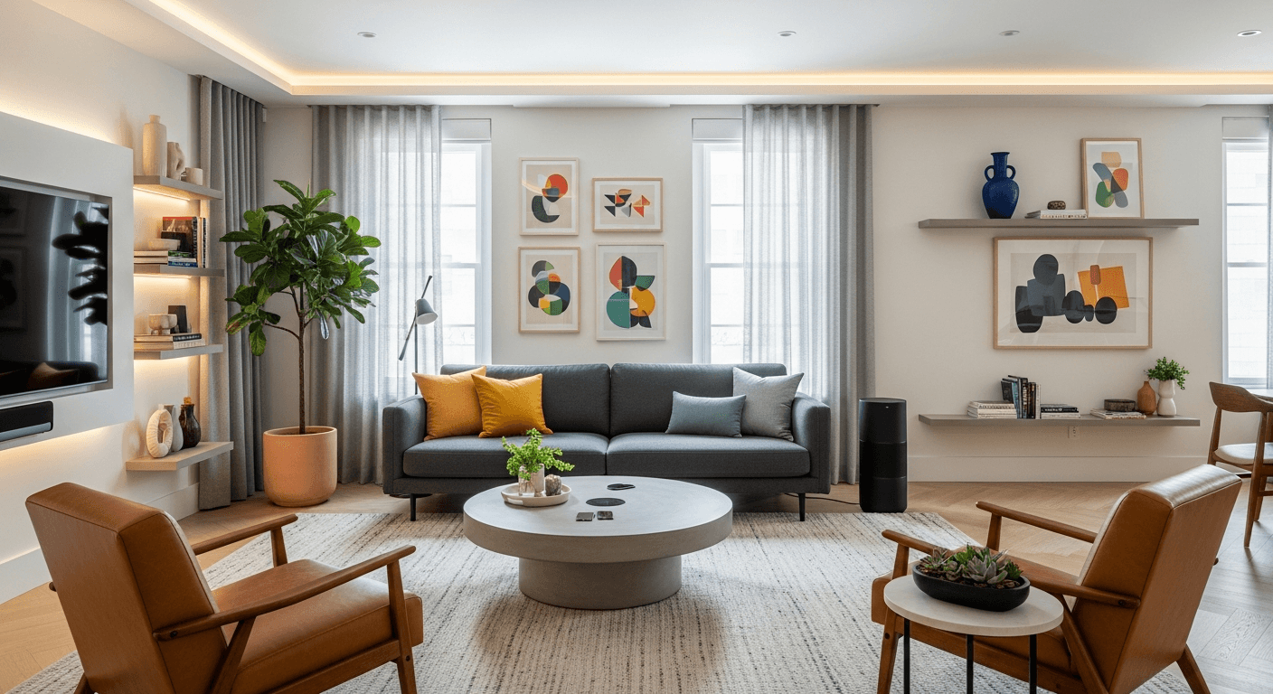 Nowoczesny salon zaaranżowany dla nabywców millenialsów z meblami zintegrowanymi z technologią