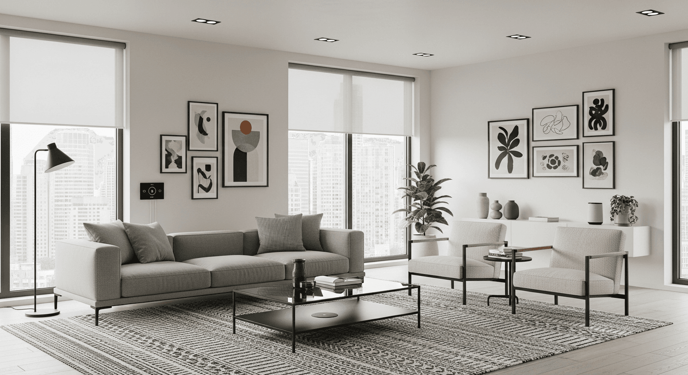 Modernes Wohnzimmer, für Millennial-Käufer inszeniert, mit eleganten Möbeln und technischen Elementen