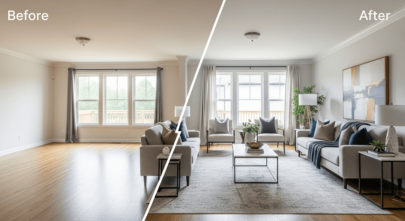 Living Room: before vs after virtual staging