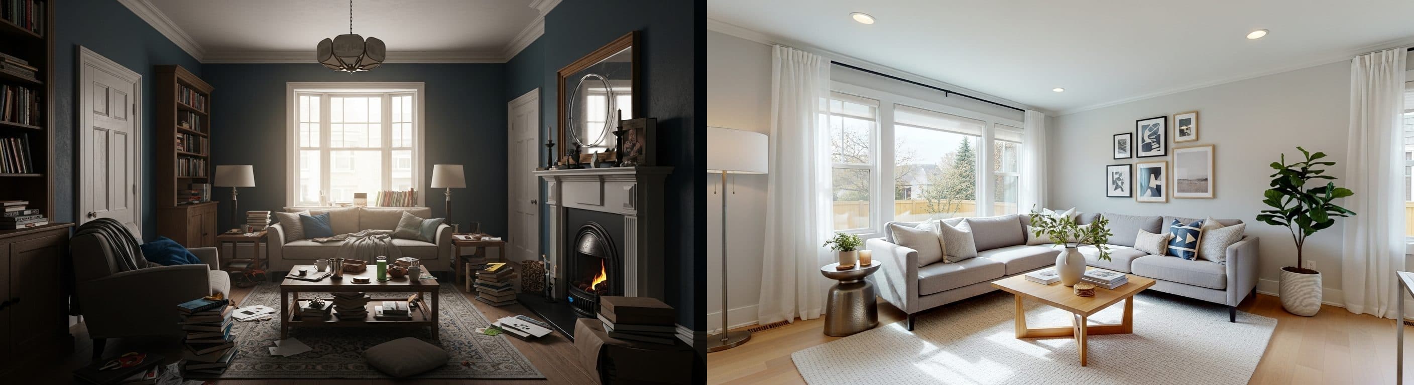 Ciemny, zagracony salon: przed vs po wirtualnym stagingu