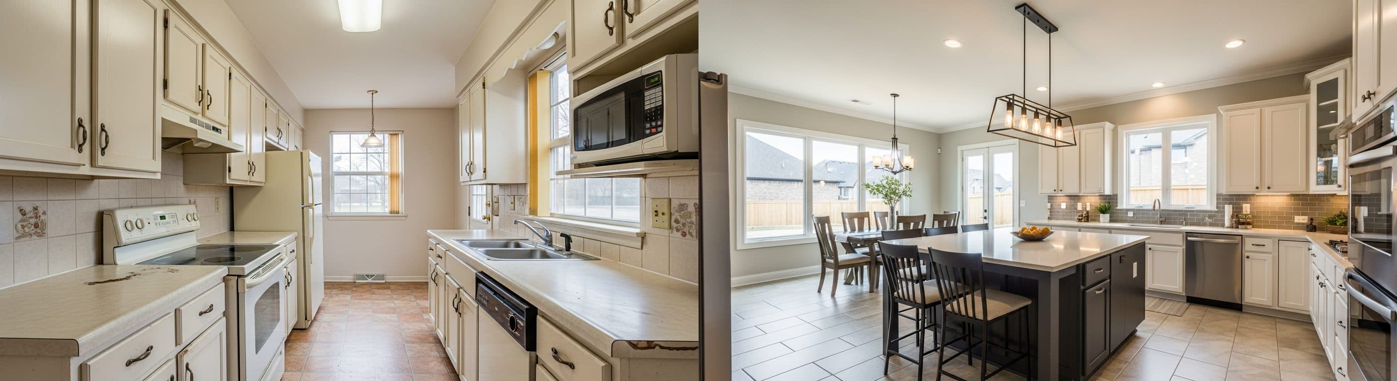 Przestarzała kuchnia: przed vs po wirtualnym stagingu