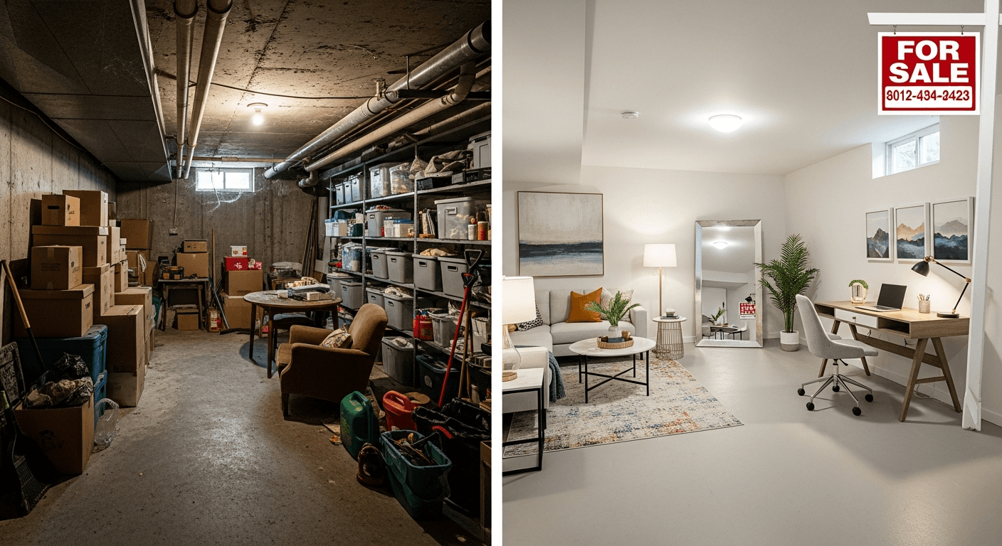 Zdjęcie przed i po transformacji nieefektownego pomieszczenia dzięki stagingowi