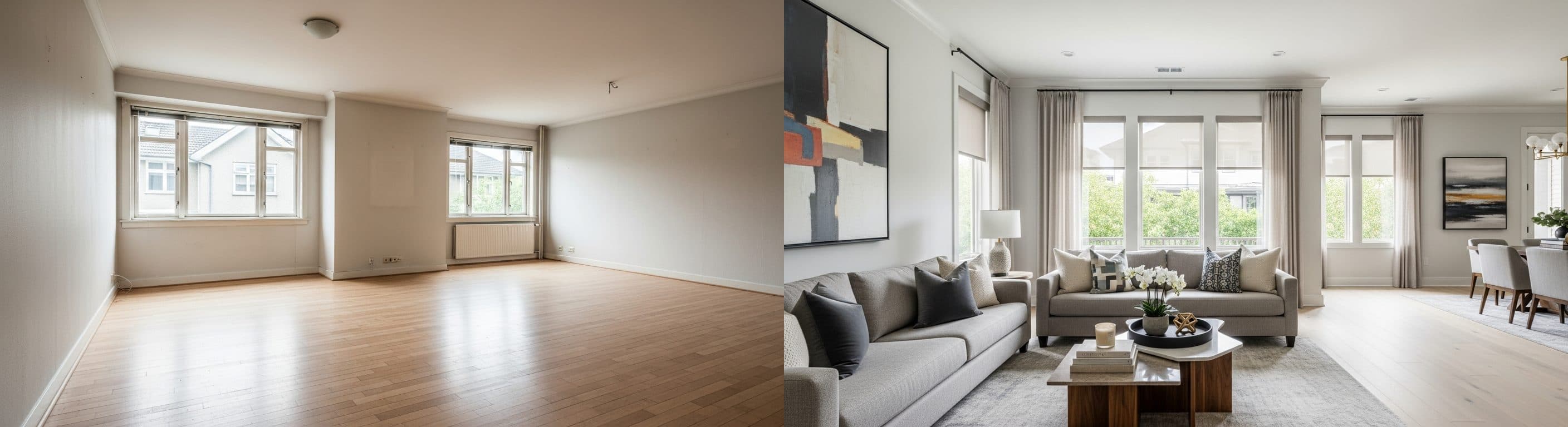 Wohnzimmer: vor vs. nach virtuellem Staging