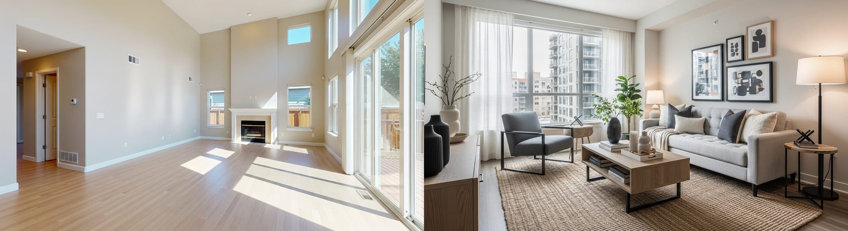 Obývacia izba: pred vs. po virtuálnom stagingu