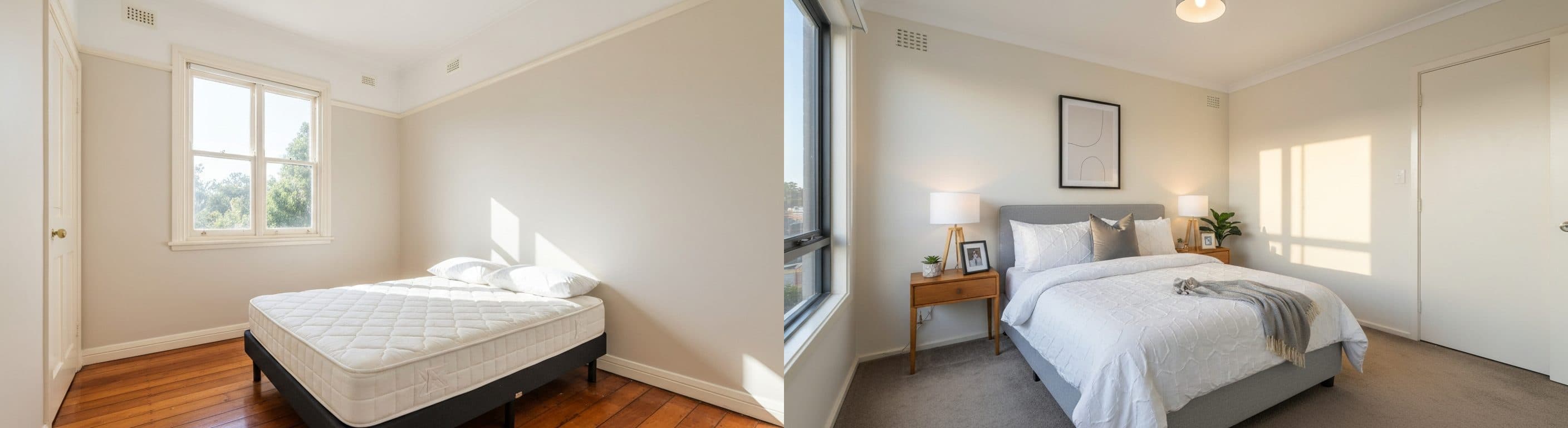 Spálňa: pred vs. po virtuálnom stagingu