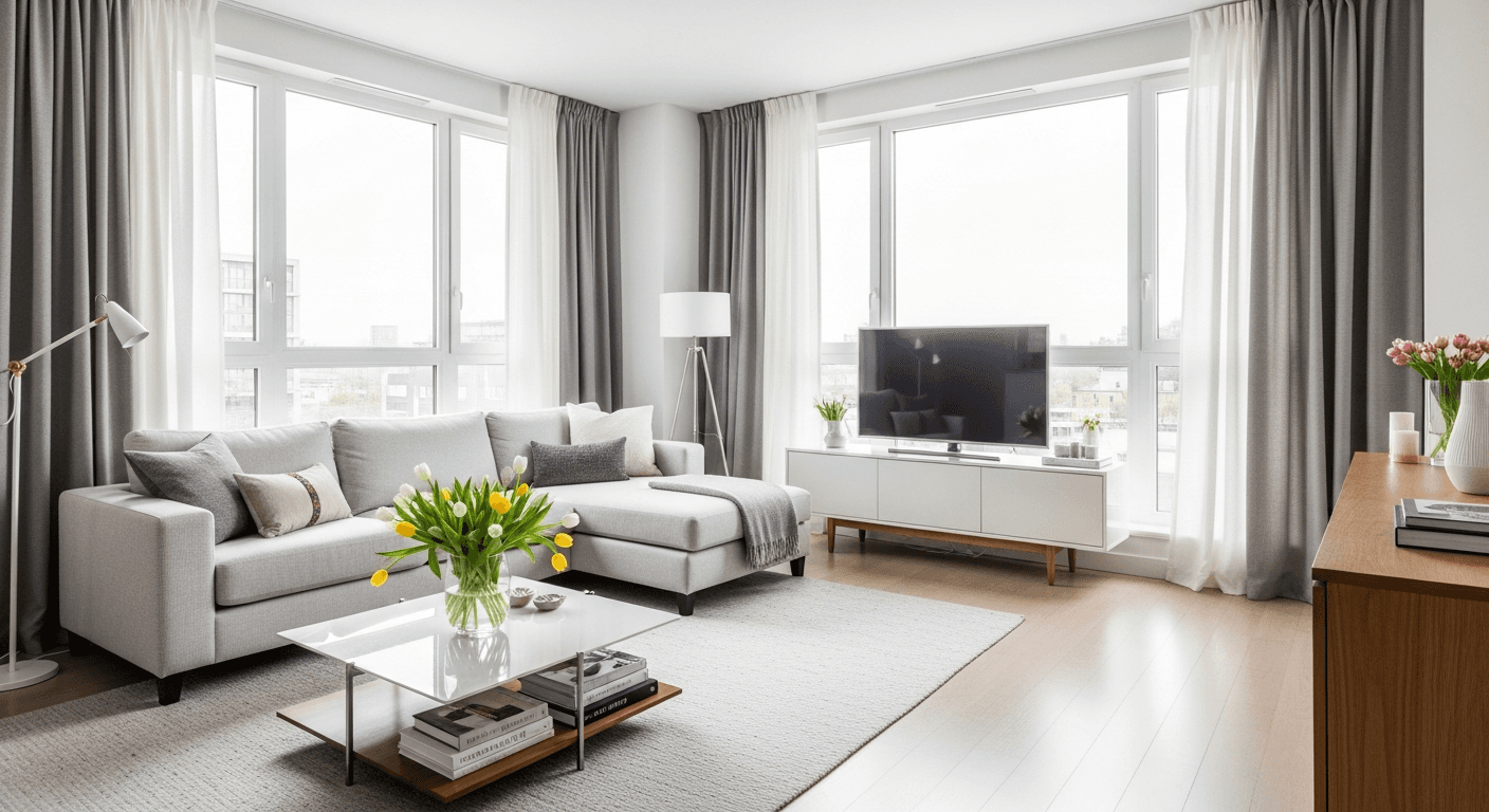 Ein gut inszeniertes Wohnzimmer, bereit für eine Immobilienbesichtigung, mit Fokus auf Attraktivität und Beleuchtung.