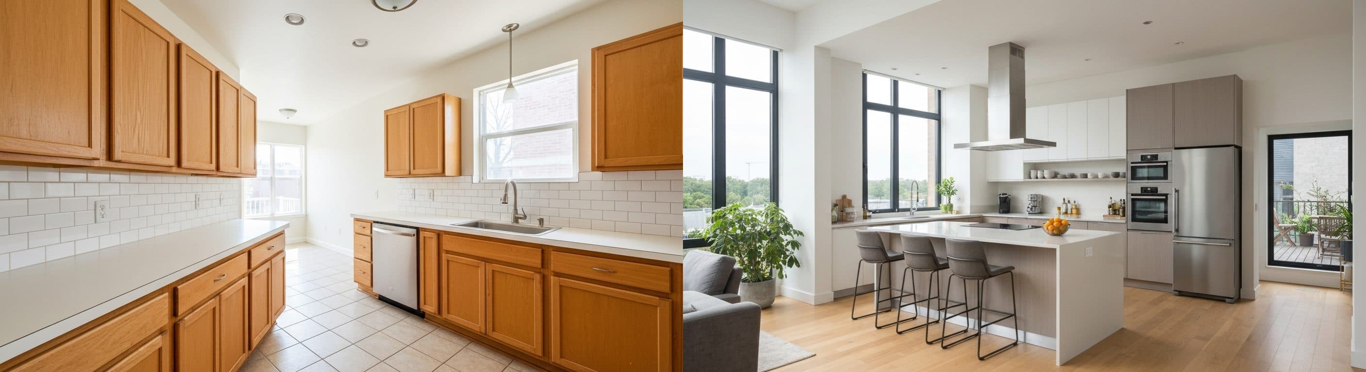 Küche: vor vs. nach virtuellem Staging