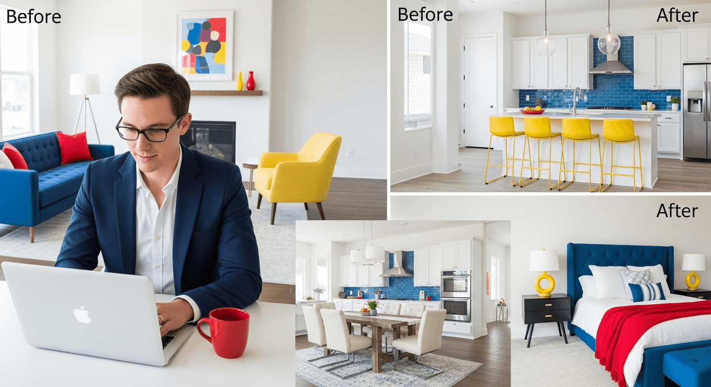 Immobilienmakler filtert Anfragen am Computer mit Bildern von gestagten Häusern