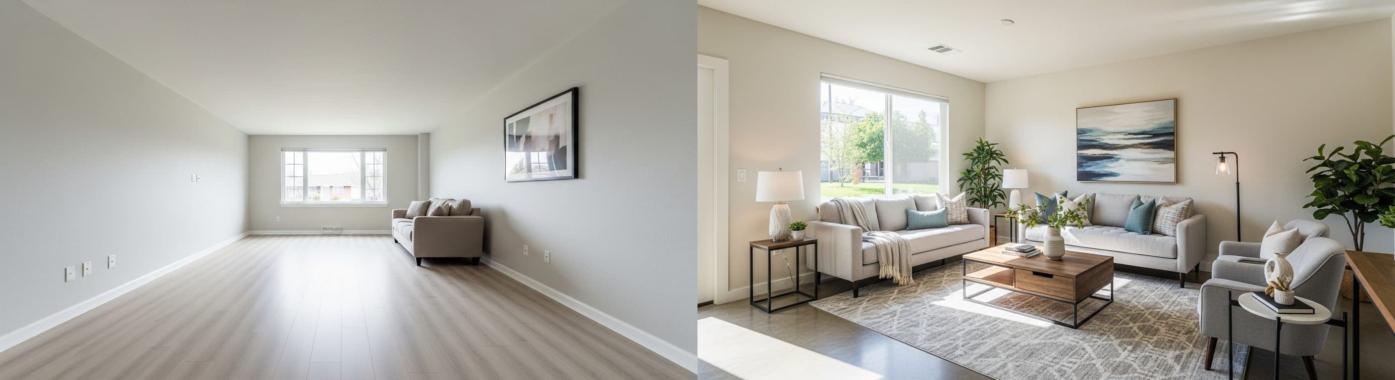 Wohnzimmer: vor vs. nach Virtual Staging