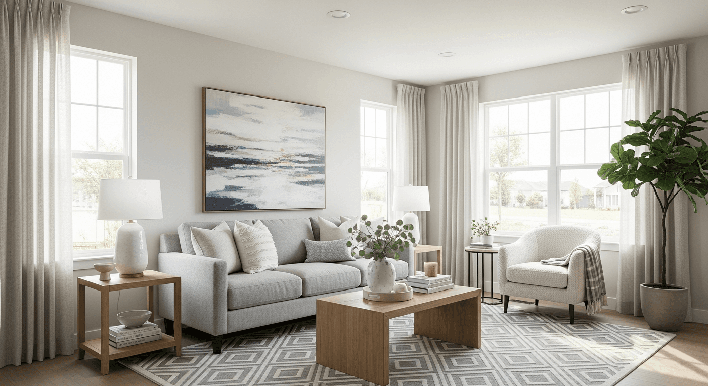 Ein wunderschön inszeniertes Wohnzimmer mit virtuellen Verbesserungen, das potenzielle Käufer anzieht