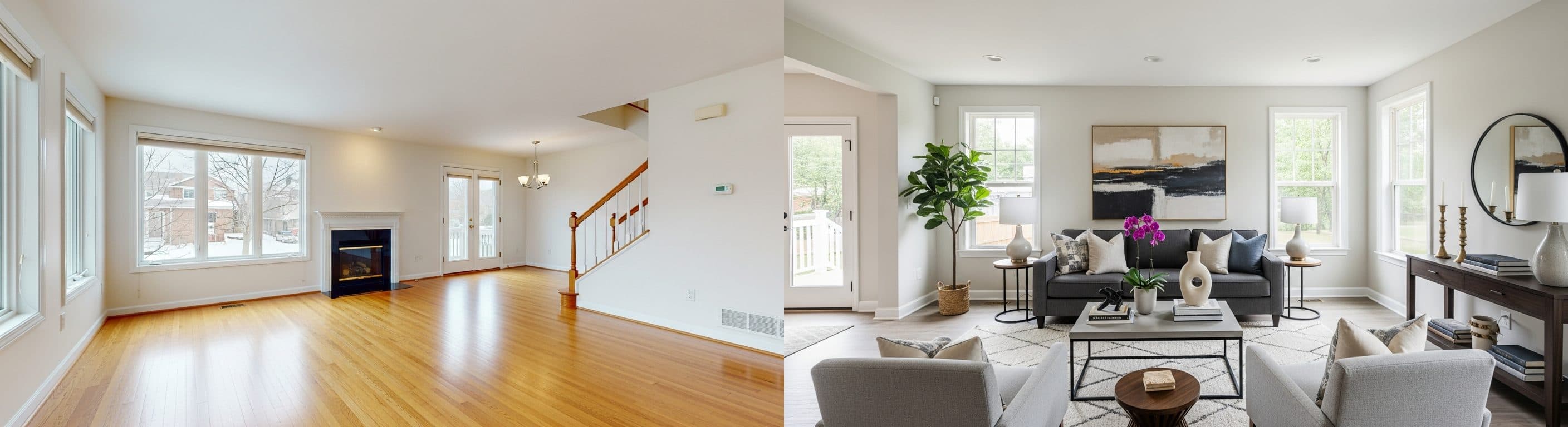 Wohnzimmer: vor vs. nach virtuellem Staging