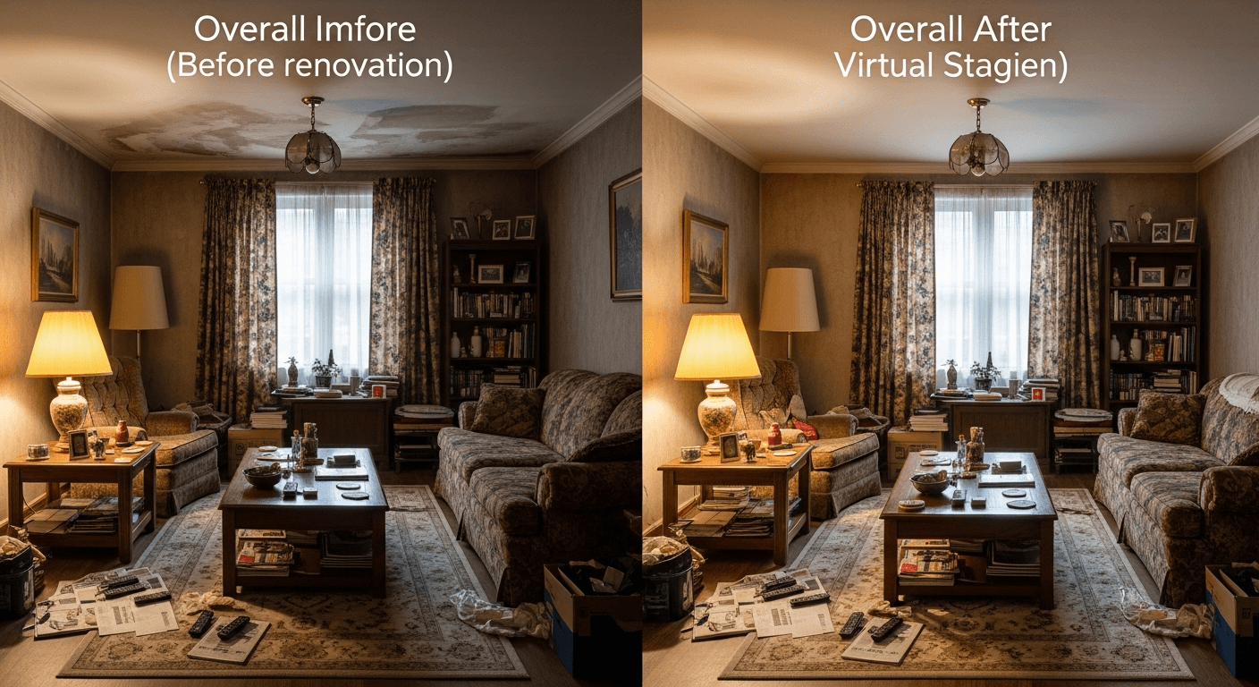 Înainte și după amenajarea virtuală a unui living dintr-o proprietate de renovat, arătând transformarea de la vechi la potențial modern