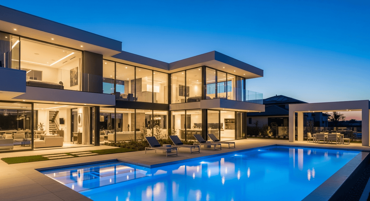 Atemberaubende Twilight-Aufnahme eines luxuriösen Hausäußeren mit warmen Lichtern, die vor einem tiefblauen Himmel leuchten