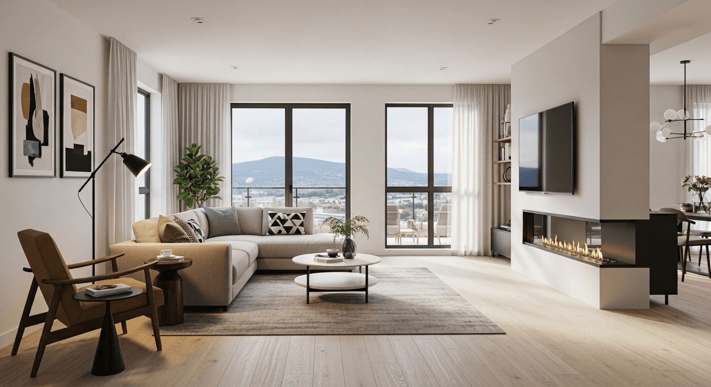 Sala de estar moderna preparada para un recorrido por la propiedad, mostrando una secuencia óptima de habitaciones y luz natural