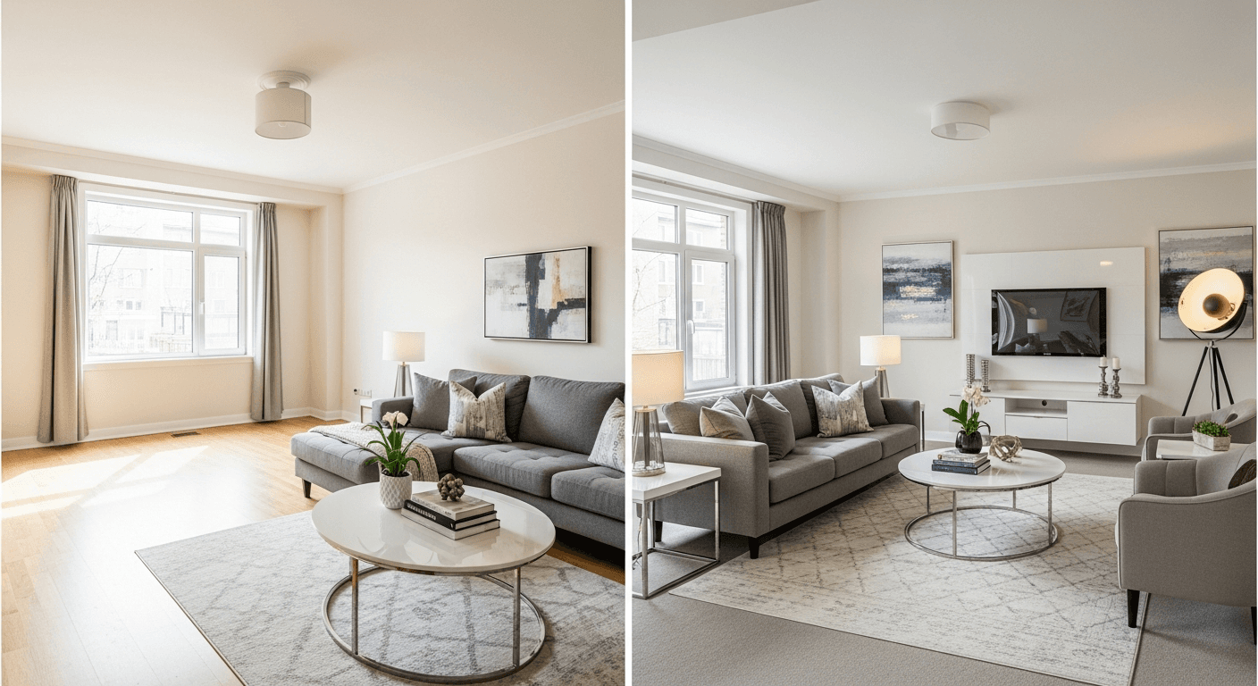 Sala de estar: antes vs después del staging virtual