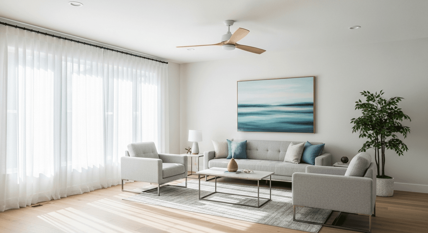 Osviežujúci letný interiér domu s otvorenými oknami, ventilátormi a sieťkami proti hmyzu, evokujúci chladnú a príjemnú atmosféru pre obhliadky nehnuteľností