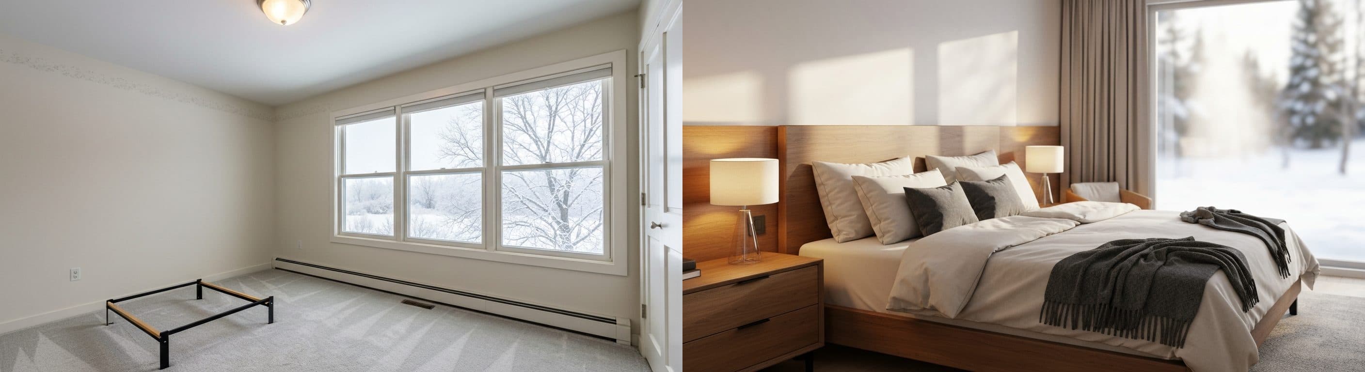 Schlafzimmer: vor vs. nach virtuellem Staging