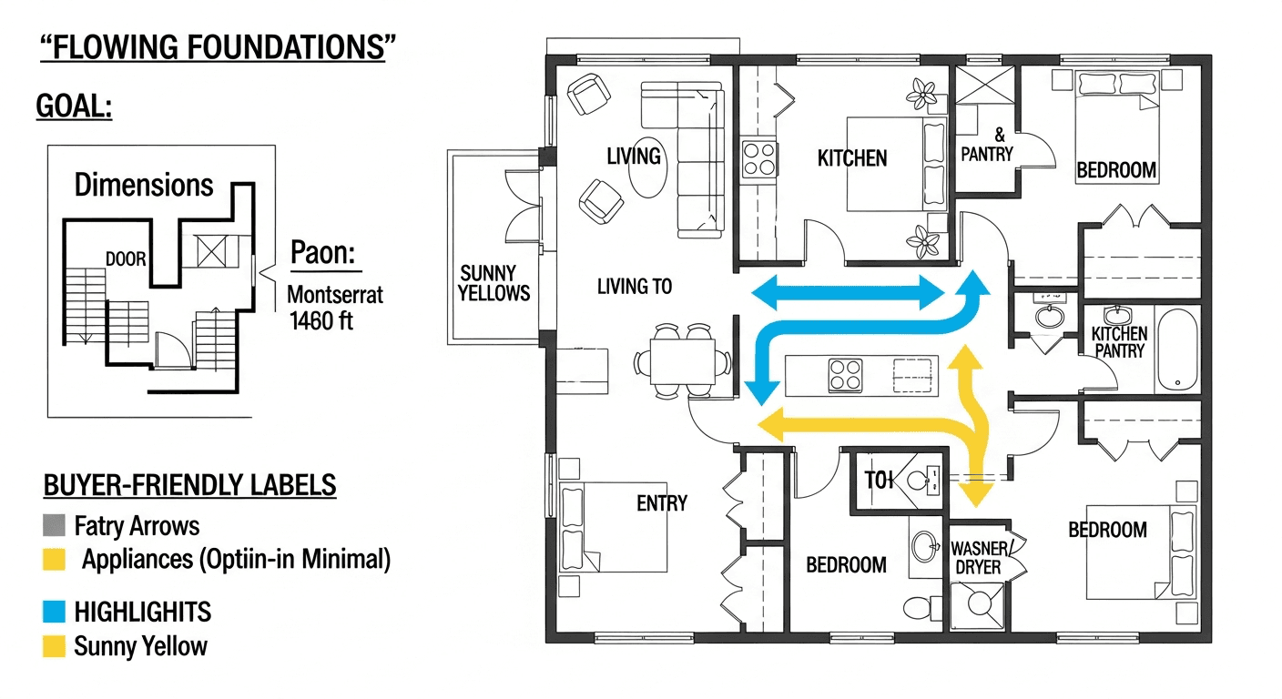 Ilustracja szczegółowego planu piętra domu z adnotacjami kupującego