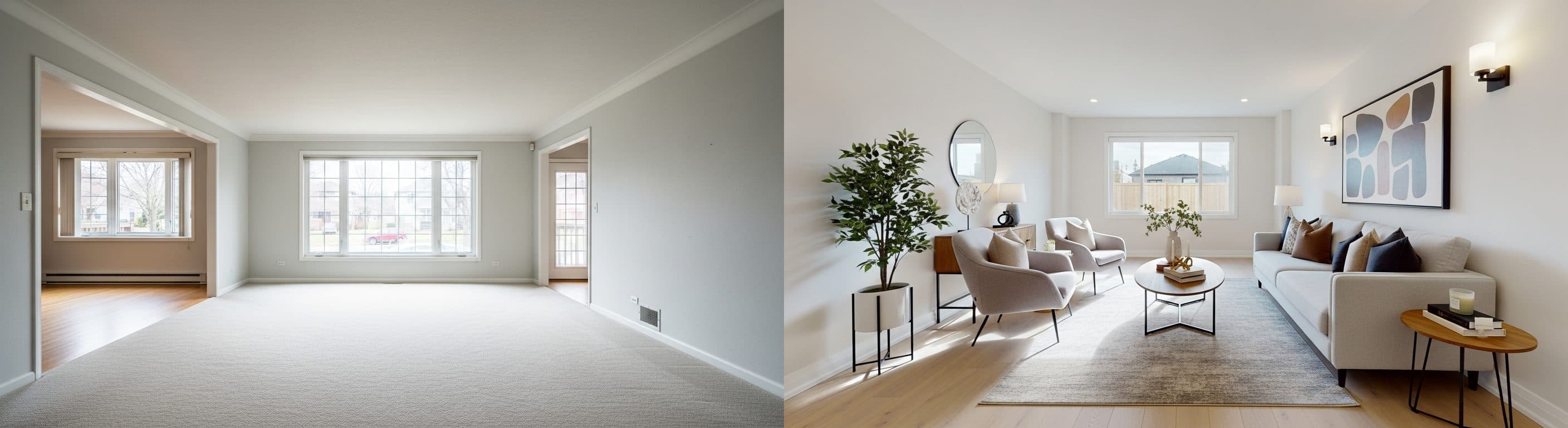 Wohnzimmer: Vorher vs. Nachher Virtuelles Staging