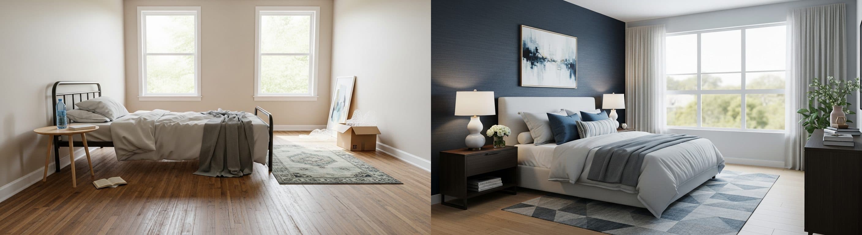 Schlafzimmer: vor vs. nach virtuellem Staging