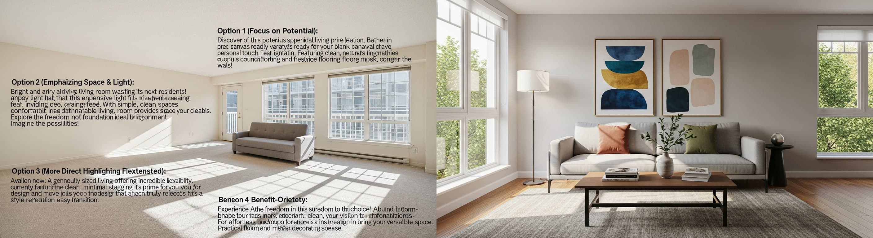 Wohnzimmer: vor vs. nach virtuellem Staging