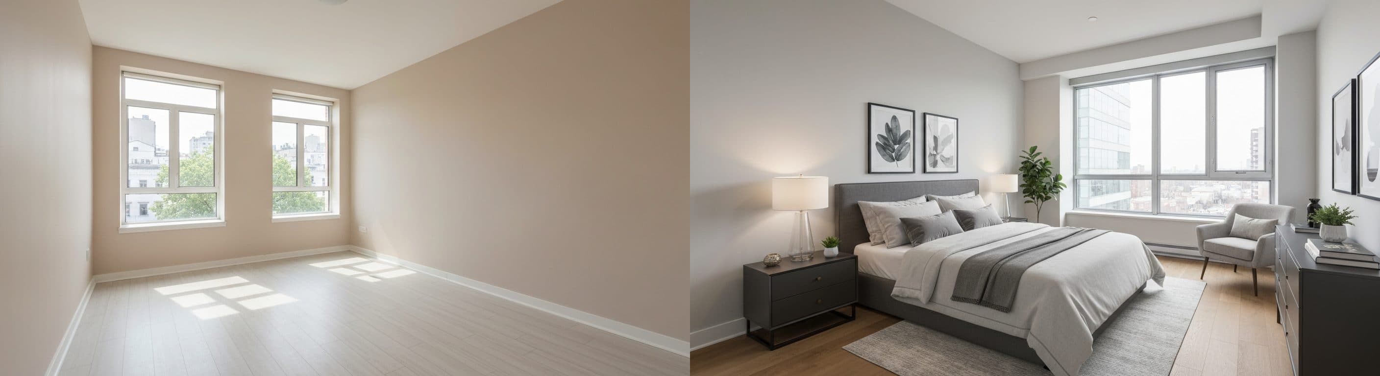 Schlafzimmer: vor vs. nach virtuellem Staging